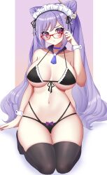 Rule 34 | 1girl, absurdres, bare arms, bare shoulders, bespectacled, black bra, black panties, black thighhighs, bow, bow panties, bra, choker, commentary request, cone hair bun, ff2074, genshin impact, glasses, hair bun, hand up, highres, keqing (genshin impact), long hair, maid headdress, navel, panties, purple choker, purple eyes, purple hair, red-framed eyewear, seiza, sitting, solo, stomach, thighhighs, thighs, twintails, underwear, underwear only, very long hair, wrist cuffs