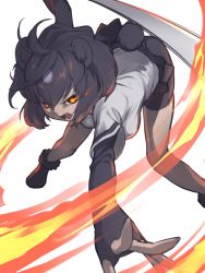 Rule 34 | 1girl, animal ears, attack, bare legs, bear ears, bear tail, bike shorts, black hair, brown bear (kemono friends), commentary request, fangs, fingerless gloves, fingernails, fire, foreshortening, fur-trimmed footwear, fur trim, gloves, glowing, glowing eyes, grey hair, hair between eyes, highres, incoming attack, kemono friends, leaning forward, looking at viewer, medium hair, microskirt, multicolored hair, okojo ojoko, open mouth, outstretched arms, outstretched hand, paw stick, red eyes, shirt, shoes, short sleeves, shorts, shorts under skirt, simple background, skirt, solo, spread arms, spread fingers, standing, tail, two-tone hair, v-shaped eyebrows, white background