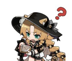 1girl ? animal_ears arknights beads black_hat blonde_hair chibi chibi_only chinese_commentary commentary_request cowboy_shot ears_through_headwear empty_wallet fang green_eyes hair_intakes hat holding holding_wallet long_hair official_alternate_costume open_mouth parted_bangs simple_background solo standing swire_(arknights) swire_the_elegant_wit_(arknights) transparent_background unknownlemon1 wallet