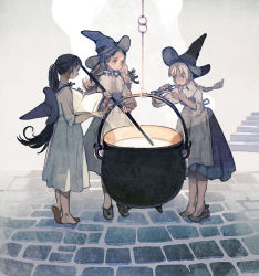 Rule 34 | 3girls, apron, barefoot, black dress, black footwear, black hair, blonde hair, book, braid, brown hair, cauldron, collared shirt, dress, hat, unworn hat, unworn headwear, highres, holding, holding book, holding leaf, holding spoon, leaf, long dress, long hair, long sleeves, looking at viewer, looking away, multiple girls, muted color, open book, original, pinafore dress, ponytail, profile, shirt, shoes, single braid, single shoe, sleeveless dress, sleeves rolled up, spoon, standing, tasting, tono (rt0no), very long hair, waist apron, white dress, white shirt, witch, witch hat