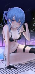 Rule 34 | 1girl, arm strap, bikini, black bikini, black gloves, blue choker, blue eyes, blue hair, blue nails, blush, breasts, choker, collarbone, earrings, gloves, gold necklace, grin, highres, hololive, hoshimachi suisei, jewelry, leaning, looking at viewer, navel, necklace, night, night sky, partially fingerless gloves, pool, poolside, shooting star, side-tie bikini bottom, single thighhigh, sitting, sky, small breasts, smile, solo, star (symbol), star earrings, star in eye, stomach, swimsuit, symbol in eye, thigh strap, thighhighs, tojo aoi, virtual youtuber, water, wet