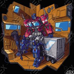 Rule 34 | absurdres, artist name, autobot, blue eyes, cable, gun, highres, lextodrawstuff, looking to the side, mecha, no humans, optimus prime, robot, sitting, solo, trailer, transformers, watermark, weapon