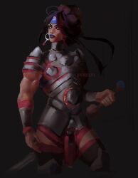 Rule 34 | 1girl, arm shield, armor, biceps, black hair, cuisses, earrings, forehead protector, gauntlet, gauntlets, hades (series), hades 2, hair bun, highres, hoop earrings, jewelry, leg armor, lipstick, looking at viewer, makeup, muscular, muscular arms, muscular female, nail polish, nemesis (hades), purple lips, red nails, shoulder armor, solo, sword, weapon, yellow eyes