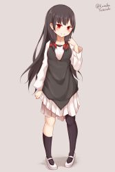 Rule 34 | 1girl, absurdres, asymmetrical legwear, black hair, black socks, blush, breasts, brown background, closed mouth, collarbone, commentary request, full body, hair ribbon, hand up, highres, isokaze (kancolle), kantai collection, kneehighs, long hair, long sleeves, looking at viewer, medium breasts, mismatched legwear, pigeon-toed, pleated skirt, red eyes, red ribbon, ribbon, shadow, shirt, shoes, single kneehigh, single leg pantyhose, single sock, skirt, smile, socks, solo, standing, tateishi kureha, twitter username, uneven legwear, very long hair, white footwear, white shirt, white skirt