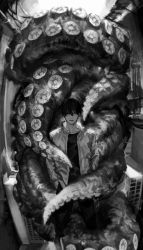 Rule 34 | 1boy, alley, cable, chainsaw man, commentary, ear piercing, feet out of frame, greyscale, hair between eyes, half-closed eyes, hand in pocket, highres, incoming attack, jacket, long sleeves, looking at viewer, male focus, mole, mole under mouth, monochrome, octopus devil, open clothes, open jacket, outdoors, pants, parted lips, piercing, seki (fyfyfy), shirt, smile, smoking pipe, solo, standing, suction cups, tentacles, yoshida hirofumi
