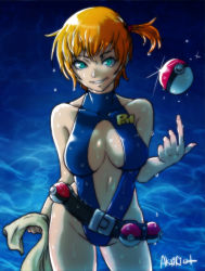 Rule 34 | 1girl, akairiot, bad id, bad pixiv id, belt, breasts, center opening, cleavage cutout, clothing cutout, creatures (company), game freak, green eyes, gym leader, highleg, highleg swimsuit, large breasts, misty (pokemon), nintendo, one-piece swimsuit, orange hair, poke ball, poke ball (basic), pokemon, pokemon: the electric tale of pikachu, short hair, side ponytail, solo, swimsuit, towel, turtleneck