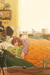 Rule 34 | 1girl, bed, bedroom, blanket, book, bookshelf, branch, brown hair, cactus, cat, cat day, chair, clock, closed eyes, cup, desk, grass, headphones, highres, hippopotamus, indoors, long sleeves, lying, matsumine (twin-mix), morning, mug, office chair, on side, open mouth, original, pajamas, photo (object), picture frame, pillow, plant, potted plant, shelf, shirt, short hair, sleeping, solo, stuffed animal, stuffed dragon, stuffed toy, sunlight, swivel chair, table, under covers, vase, window, window blinds