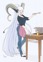 Rule 34 | 1girl, :d, absurdly long hair, alternate costume, apron, black footwear, black shirt, blouse, blue hair, blue pants, braid, breasts, casual, cleavage, collarbone, commentary, commission, contemporary, cooking, curled horns, denim, dragon girl, dragon horns, english commentary, fangs, fate/grand order, fate (series), hair bun, highres, horns, jeans, ladle, large breasts, long hair, long horns, looking at viewer, napkin, open mouth, pants, pink apron, pink eyes, pointy ears, ponytail, pot, shirt, short sleeves, side braids, single hair bun, smile, solkorra, solo, symbol-shaped pupils, table, tiamat (fate), very long hair, waist apron, x-shaped pupils