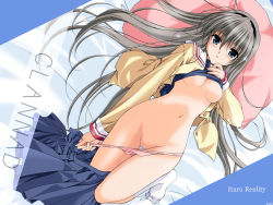 Rule 34 | 00s, 1girl, bed, bed sheet, black hairband, blue eyes, blue skirt, blush, breasts, censored, clannad, clothes lift, clothes pull, copyright name, english text, feet, hair between eyes, hairband, highres, hikarizaka private high school uniform, hip focus, long hair, long sleeves, looking at viewer, lying, medium breasts, miniskirt, navel, nipples, no bra, no pussy, no shoes, nude, on back, on bed, one breast out, open clothes, open shirt, panties, panty pull, pillow, pink panties, pleated skirt, sailor collar, sakagami tomoyo, school uniform, serafuku, shiino yui, shirt, shirt lift, skirt, skirt around one leg, skirt pull, socks, solo, thigh gap, thighs, underwear, very long hair, white hair, white socks, wide hips