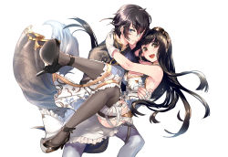 Rule 34 | 10s, 1boy, 1girl, :d, aki663, arms around neck, ayer, bandaged hand, bandages, bandaid, bandaid on face, bandaid on nose, black eyes, black footwear, black hair, black thighhighs, blue eyes, blush, breasts, brother and sister, carrying, changpao, china dress, chinese clothes, cleavage, dress, eyelashes, floral print, frills, gloves, goggles, goggles on head, granblue fantasy, grey pants, hair between eyes, high heels, highres, jessica (granblue fantasy), long hair, looking at viewer, medium breasts, open mouth, pants, pelvic curtain, princess carry, print dress, pumps, shoes, siblings, sleeveless, sleeveless dress, smile, standing, thigh strap, thighhighs, white gloves