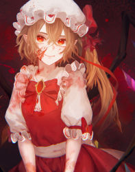 Rule 34 | 1girl, absurdres, blonde hair, blood, blood on clothes, blood on face, brooch, crystal, dress, eyebrows hidden by hair, flandre scarlet, hair between eyes, hat, highres, jewelry, light smile, looking at viewer, mob cap, one side up, red dress, red eyes, shion (reira), short hair with long locks, solo, touhou, white hat, wings