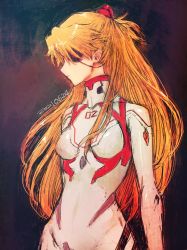 Rule 34 | 1girl, blue eyes, bodysuit, boyaking, breasts, brown hair, dated, evangelion: 3.0+1.0 thrice upon a time, eyepatch, grin, hair ornament, highres, lips, long hair, looking to the side, neon genesis evangelion, pilot suit, plugsuit, rebuild of evangelion, shiny clothes, skin tight, smile, solo, souryuu asuka langley, two side up, very long hair, white bodysuit, wide hips