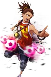 Rule 34 | 1boy, :o, ball, bracelet, brown eyes, brown hair, comiccho, earrings, full body, glint, hair ornament, highres, jang (soccer spirits), jewelry, looking to the side, male focus, necklace, nose tape, pointing, shoes, sneakers, soccer ball, soccer spirits, solo, standing, standing on one leg, swastika, sweatband, transparent background, white footwear