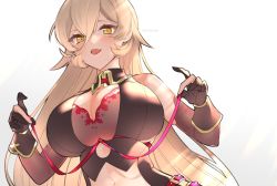 Rule 34 | 1girl, :d, arm warmers, bad id, bad pixiv id, black dress, black gloves, blonde hair, blush, breasts, center opening, cleavage, clothing cutout, commentary, dress, eyelashes, fang, gloves, hair between eyes, holding, holding ribbon, large breasts, long hair, looking at viewer, midriff, nijisanji, nui sociere, nui sociere (1st costume), open mouth, ribbon, simple background, smile, solo, stomach cutout, symbol-only commentary, twitter username, uhhgaoh, upper body, virtual youtuber, white background, yellow eyes