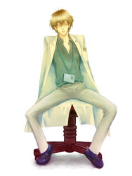 Rule 34 | 00s, 1boy, bad id, bad pixiv id, blonde hair, chair, closed eyes, ikegami, jinnouchi wabisuke, lab coat, long sleeves, male focus, name tag, necktie, pants, simple background, solo, spread legs, summer wars, white background