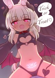 Rule 34 | 1girl, :d, animal ear fluff, animal ears, black gloves, blonde hair, blurry, blurry background, blush, curtains, demon girl, demon horns, demon tail, demon wings, depth of field, elbow gloves, etrian odyssey, fang, gloves, half-closed eyes, heart, heart-shaped pupils, highres, horns, indoors, long hair, looking at viewer, low wings, masurao (sekaiju), masurao 2 (sekaiju), naga u, navel, open mouth, ponytail, pubic tattoo, rabbit ears, red wings, revealing clothes, sekaiju no meikyuu, sekaiju no meikyuu 5, short eyebrows, smile, solo, straddling, symbol-shaped pupils, tail, tattoo, thick eyebrows, trick or treat, very long hair, wings