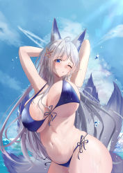 Rule 34 | 1girl, absurdres, ahoge, alternate costume, animal ears, armpits, arms up, azur lane, bikini, blue bikini, blue eyes, blue sky, blush, breasts, butterfly hair ornament, chinese commentary, cloud, curvy, day, fox ears, fox tail, hair ornament, highres, large breasts, lens flare, long hair, navel, noyuki (3702), o-ring, o-ring bottom, ocean, one eye closed, open mouth, outdoors, shinano (azur lane), side-tie bikini bottom, sky, solo, stomach, swimsuit, tail, thick thighs, thighs, underboob, very long hair, white hair