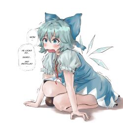 Rule 34 | 1girl, absurdres, aroused, artist name, blue bow, blue dress, blue eyes, blue hair, blush, bow, brown footwear, cirno, commentary, dress, drooling, english commentary, english text, full body, furrowed brow, hair between eyes, hair bow, hands on floor, highres, ice, ice wings, kneeling, loafers, looking to the side, loose neck ribbon, mouth drool, neck ribbon, open mouth, puffy short sleeves, puffy sleeves, red ribbon, ribbon, shoes, short hair, short sleeves, simple background, solo, thought bubble, touhou, trembling, white background, wings, wwparasi