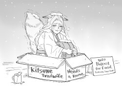 Rule 34 | 1girl, absurdres, animal ears, bad end, bb (baalbuddy), box, cardboard box, cold, english text, for adoption, fox ears, fox girl, fox tail, hakama, highres, hugging own legs, in box, in container, japanese clothes, kitsune, long hair, money, original, sad, sign, snow, snowing, solo, tail, trembling