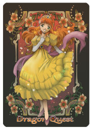 Rule 34 | 1girl, aikosu (icos), art nouveau, breasts, copyright name, dragon quest, dragon quest i, dress, elbow gloves, full body, gloves, green eyes, jewelry, long hair, necklace, orange hair, princess, princess laura, smile, solo, star (symbol), tiara, white gloves, yellow dress