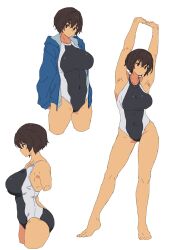 Rule 34 | 1girl, arms up, barefoot, competition swimsuit, full body, highres, kei (m k), m k, multiple views, one-piece swimsuit, original, short hair, stretching, swimsuit, tall, tall female, tomboy