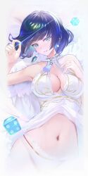 Rule 34 | 1girl, absurdres, bare shoulders, blue eyes, blue hair, breasts, cleavage, cleavage cutout, clothing cutout, dice, earrings, genshin impact, glint, highres, jewelry, lace, lace panties, lingerie, lying, medium breasts, navel, occa-key, on back, open mouth, panties, short hair, smile, solo, underwear, upper body, white panties, yelan (genshin impact)