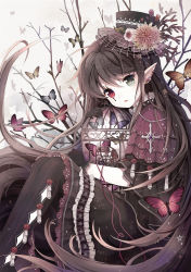 Rule 34 | ahoge, birdcage, brown hair, bug, butterfly, cage, dress, earrings, facial mark, flower, frills, gloves, gothic lolita, green eyes, hair flower, hair ornament, hat, heterochromia, highres, insect, jewelry, lolita fashion, long hair, original, pointy ears, red eyes, rednian, ribbon, solo, thighhighs, very long hair