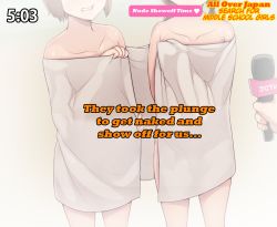 Rule 34 | 2girls, abubu, beach, english text, hard-translated, long hair, microphone, multiple girls, naked towel, outdoors, public indecency, recording, short hair, third-party edit, towel, translated
