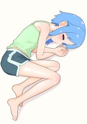 Rule 34 | 1girl, absurdres, alternate costume, bare arms, bare legs, bare shoulders, barefoot, black shorts, blue hair, blush, camisole, casual, closed eyes, commentary, dolphin shorts, from above, fujimi nemu, full body, green camisole, happyundergate, highres, lying, on side, onii-chan wa oshimai!, short hair, shorts, simple background, sleeping, solo, white background