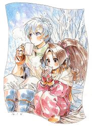 Rule 34 | 1boy, 1girl, blue hair, blush, boots, brown eyes, brown hair, character request, fingerless gloves, fujibayashi suzu, gloves, hair ornament, open mouth, pants, pointy ears, ponytail, purple eyes, scarf, shoes, tales of (series), tales of phantasia