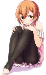 Rule 34 | 10s, 1girl, bare shoulders, black leggings, blush, brown hair, covered mouth, dress, feet, hair between eyes, highres, hoshizora rin, knees up, leggings, looking to the side, love live!, love live! school idol project, no shoes, pantyhose, pink dress, sen (sen0910), short hair, simple background, sitting, solo, spaghetti strap, toeless legwear, toes, white background, yellow eyes