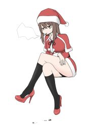 Rule 34 | 1girl, alternate headwear, ashes, black panties, black socks, brown eyes, brown hair, capelet, cigarette, crossed legs, dress, girls und panzer, guropara, half-closed eyes, hat, high heels, holding, invisible chair, kneehighs, lighter, long hair, looking to the side, mika (girls und panzer), mouth hold, panties, pantyshot, red capelet, red dress, red footwear, red hat, santa dress, santa hat, short dress, simple background, sitting, smoke, smoking, socks, solo, underwear, white background