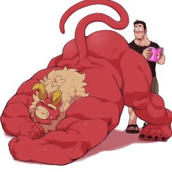 Rule 34 | 0 0, 2boys, all fours, arm rest, ass, bara, beard, black hair, blank eyes, blush, book, colored skin, completely nude, curled horns, dragon horns, facial hair, flexible, forked eyebrows, full body, furry, furry male, furry with non-furry, gardie (otsukimi), green shorts, hands on ground, highres, holding, holding book, horns, huge eyebrows, interspecies, jack-o&#039; challenge, kouhei (otsukimi), large hands, lion hair, looking at ass, male focus, multiple boys, muscular, muscular male, nude, open book, original, otsukimi, red skin, short hair, shorts, sideburns, sideburns stubble, size difference, spread legs, stretching, stubble, tail raised, thick eyebrows, thick thighs, thighs, top-down bottom-up, white background, wide-eyed, wide spread legs, yaoi