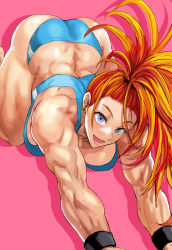 Rule 34 | 1girl, ass, bandaid, bandaid on face, bent over, biceps, blue eyes, brown hair, buruma, captain mizuki, daraz, earrings, highres, jewelry, muscular, muscular female, one-punch man, ponytail, solo, sports bra, sportswear, sweat, thick thighs, thighs, top-down bottom-up, track uniform, underwear, wristband