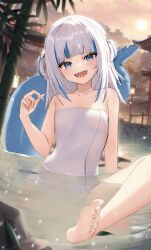Rule 34 | 1girl, absurdres, architecture, arm support, bamboo, barefoot, blue hair, blunt bangs, blurry, blurry background, collarbone, commentary request, east asian architecture, feet, fins, fish tail, flat chest, gawr gura, grey hair, hair ornament, hand up, highres, hololive, hololive english, knee up, multicolored hair, naked towel, onsen, open mouth, outdoors, partially submerged, shark girl, shark tail, sharp teeth, soles, solo, streaked hair, tail, teeth, thomas 8000, toenails, toes, towel, two side up, virtual youtuber