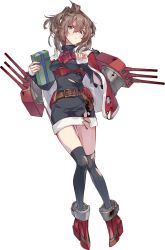 Rule 34 | 1girl, belt, belt buckle, black thighhighs, blue eyes, box, brown belt, brown hair, buckle, capelet, closed mouth, full body, gift, gift box, holding, holding gift, kantai collection, konishi (koconatu), machinery, medium hair, official art, ponytail, red capelet, red ribbon, ribbon, rigging, rudder footwear, santa costume, sheffield (kancolle), solo, thighhighs, torn clothes, torn thighhighs, transparent background, turret