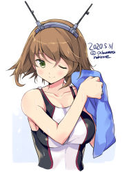 Rule 34 | 1girl, breasts, brown hair, collarbone, cropped torso, dated, green eyes, hair between eyes, headgear, holding, holding towel, kantai collection, large breasts, mutsu (kancolle), odawara hakone, one-hour drawing challenge, one eye closed, short hair, simple background, smile, solo, towel, twitter username, white background