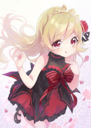 Rule 34 | 1girl, :q, bare shoulders, black footwear, blonde hair, blush, bow, breasts, closed mouth, dotton9, dress, ecute, flower, frilled dress, frills, full body, gothic lolita, hair flower, hair ornament, hands up, jashin-chan dropkick, lolita fashion, long hair, looking at viewer, mary janes, no socks, red bow, red eyes, red flower, red rose, rose, shoes, sidelocks, simple background, small breasts, smile, solo, striped, striped bow, tiara, tongue, tongue out