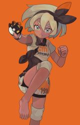 Rule 34 | 1girl, barefoot, bea (pokemon), black bodysuit, black hairband, blonde hair, bodysuit, bodysuit under clothes, clenched hand, closed mouth, collared shirt, commentary request, creatures (company), dark-skinned female, dark skin, dynamax band, eyelashes, game freak, gloves, grey eyes, gym leader, hair between eyes, hairband, highres, holding, holding poke ball, knee pads, momoya (likeart 8462), nintendo, orange background, poke ball, pokemon, pokemon swsh, print shirt, print shorts, shirt, short hair, short sleeves, shorts, single glove, solo, standing, standing on one leg, tied shirt, toes, ultra ball