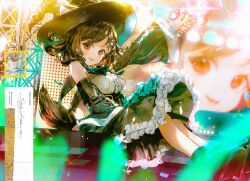 Rule 34 | 1girl, brown eyes, brown hair, center frills, character request, detached sleeves, frills, hat, holding, indie virtual youtuber, looking at viewer, say hana, sitting, smile, solo, virtual youtuber