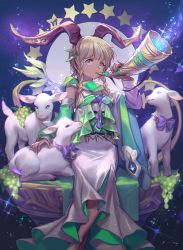 Rule 34 | 1girl, absurdres, animal, bell, blonde hair, blue eyes, bow, braid, capricorn (symbol), capricorn (zodiac), chromatic aberration, detached sleeves, dress, food, fruit, goat, grapes, hair ornament, highres, holding, holding instrument, horns, huge filesize, instrument, jewelry, lamb, lee hyeseung, necklace, original, sheep, short hair with long locks, side braid, sitting, solo, sparkle, star (symbol), starry sky print, tan, twin braids, white dress, zodiac