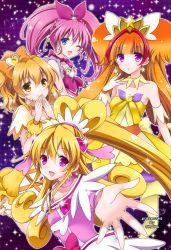 Rule 34 | 00s, 10s, 4girls, ;d, aida mana, amanogawa kirara, artist name, blonde hair, blue eyes, bow, braid, brooch, brown hair, choker, cure heart, cure melody, cure pine, cure twinkle, curly hair, dokidoki! precure, earrings, fresh precure!, gloves, go! princess precure, hair bow, hair ornament, half updo, heart, heart brooch, heart hair ornament, houjou hibiki, jewelry, long hair, magical girl, multicolored hair, multiple girls, okayashi, one eye closed, open mouth, orange bow, outstretched hand, pink bow, pink eyes, pink hair, precure, purple background, purple eyes, quad tails, red hair, short hair, side ponytail, skirt, smile, sparkle, star (symbol), star earrings, streaked hair, suite precure, twintails, two-tone hair, white gloves, wrist cuffs, yamabuki inori, yellow eyes