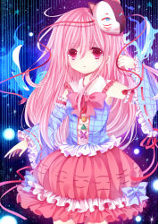 Rule 34 | 1girl, :o, adapted costume, armpits, blue background, bow, detached sleeves, fox mask, hand up, hata no kokoro, light particles, long hair, looking at viewer, mask, moseley, pink eyes, pink hair, plaid, plaid shirt, shirt, skirt, sky, solo, star (sky), starry sky, striped, striped background, touhou, triangle, x (letter)