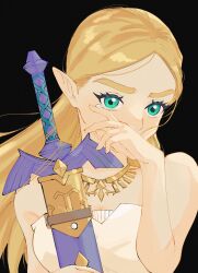 Rule 34 | 1girl, bare arms, bare shoulders, black background, blonde hair, breasts, dress, green eyes, highres, holding, holding weapon, large breasts, long hair, master sword, nintendo, official alternate costume, pointy ears, princess zelda, sheath, sheathed, simple background, solo, the legend of zelda, the legend of zelda: breath of the wild, weapon, white dress, yamori (yamoooon21)