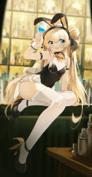 Rule 34 | 1girl, absurdres, animal ears, armlet, bar (place), bare shoulders, black footwear, black hairband, blonde hair, blurry, blurry background, blurry foreground, blush, bow, bowtie, breasts, commentary, coria, cup, double bun, fake animal ears, full body, green eyes, hair bun, hair over shoulder, hairband, hand on floor, high heels, highres, holding, holding cup, indoors, leotard, long hair, looking to the side, open mouth, orange bow, original, playboy bunny, sidelocks, sitting, small breasts, solo, symbol-only commentary, thighhighs, white thighhighs, wrist cuffs