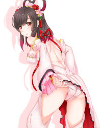 Rule 34 | 1girl, adjusting clothes, adjusting panties, ass, back, backless outfit, black hair, blush, breasts, character request, detached sleeves, floral print, flower, flower knight girl, from behind, furisode, hair flower, hair ornament, hair rings, highres, japanese clothes, kimono, long sleeves, looking at viewer, looking back, multicolored hair, obi, okauitita, open mouth, panties, parted lips, pink hair, pink panties, red eyes, sash, shiny skin, sidelocks, skirt, solo, underwear, wide sleeves