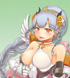 Rule 34 | 1girl, bad id, bad pixiv id, bare shoulders, blush, braid, breast slip, breasts, cross, cross earrings, detached collar, detached sleeves, earrings, fantasy, gauntlets, hairband, halterneck, jewelry, large breasts, light valkyrie (p&amp;d), long hair, naughty face, nipples, one breast out, open mouth, orange eyes, puzzle &amp; dragons, ronickenying, silver hair, solo, valkyrie (p&amp;d)