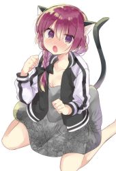 Rule 34 | 1girl, @ @, animal ears, blush, bocchi the rock!, bow, braid, cat ears, cat girl, cat tail, dress, grey dress, hair bow, hair over shoulder, hamazi aki, highres, hiroi kikuri, jacket, long hair, looking at viewer, nose blush, open clothes, open jacket, open mouth, paw pose, purple eyes, purple hair, side braid, simple background, sitting, solo, tail, wariza, white background