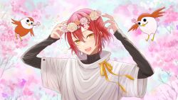 Rule 34 | 1boy, :d, bird, black sweater, cherry blossoms, flower, flower wreath, hair between eyes, hair flower, hair ornament, half updo, hanasaki miyabi, hands up, head wreath, hollow eyes, holostars, layered sleeves, light blush, long sleeves, looking at viewer, male focus, mouth hold, open mouth, orange flower, pink flower, red hair, ribbon, shirt, short hair, short over long sleeves, short sleeves, smile, solo, sparrow, sweater, teeth, turtleneck, upper body, upper teeth only, virtual youtuber, white shirt, yellow eyes, yellow flower, yellow ribbon, yoichi (mokusei karubi)