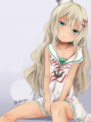 Rule 34 | 1girl, :o, akino shuu, anchor, aqua eyes, bow, brown hair, collarbone, commentary request, diagonal stripes, dress, feet out of frame, grecale (kancolle), grey background, hair between eyes, hair bow, head tilt, kantai collection, long hair, looking at viewer, off shoulder, parted lips, red bow, sailor collar, sailor dress, sitting, sleeveless, sleeveless dress, solo, striped, twitter username, very long hair, white dress, white sailor collar